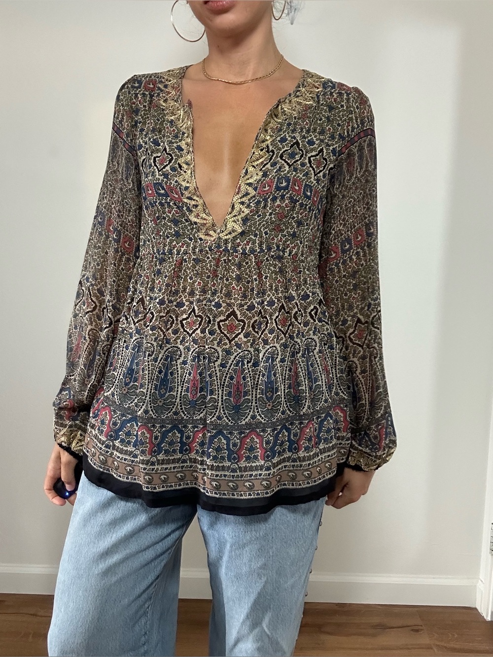 Vintage Joie 100% Silk Boho Paisley V-Neck Long Sleeve Peasant Blouse Size M